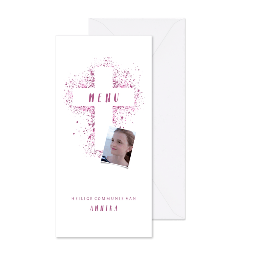 Menukaart communie kruis & foto verfspetters roze - Kaartimpressie
