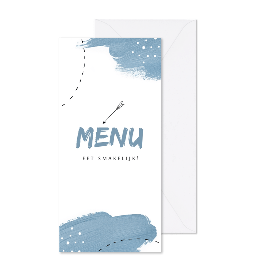 Menukaart communie lente feest blauw verf pijltje - Kaartimpressie