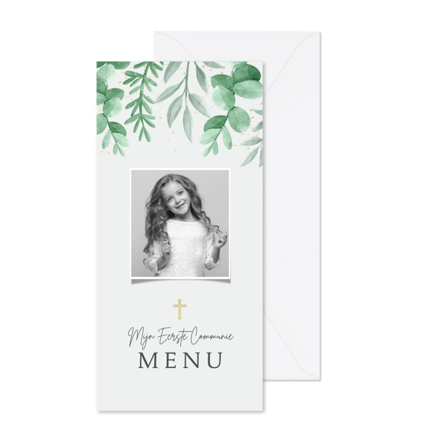 Menukaart communie lentefeest eucalyptus goud foto - Kaartimpressie