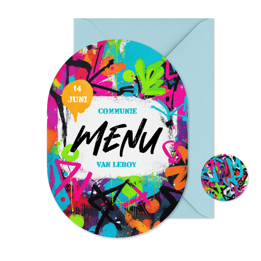 Menukaart communie lentefeest graffiti stoer kleurrijk - Kaartimpressie