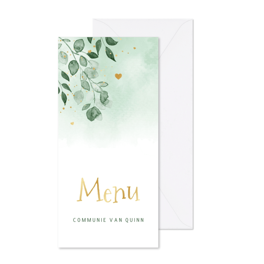Menukaart communie lentefeest waterverf goud hartjes - Kaartimpressie