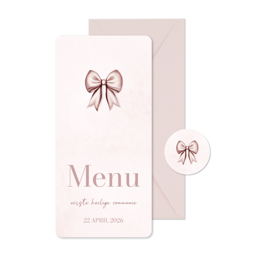 Menukaart communie lief met roze strik waterverf - Kaartimpressie
