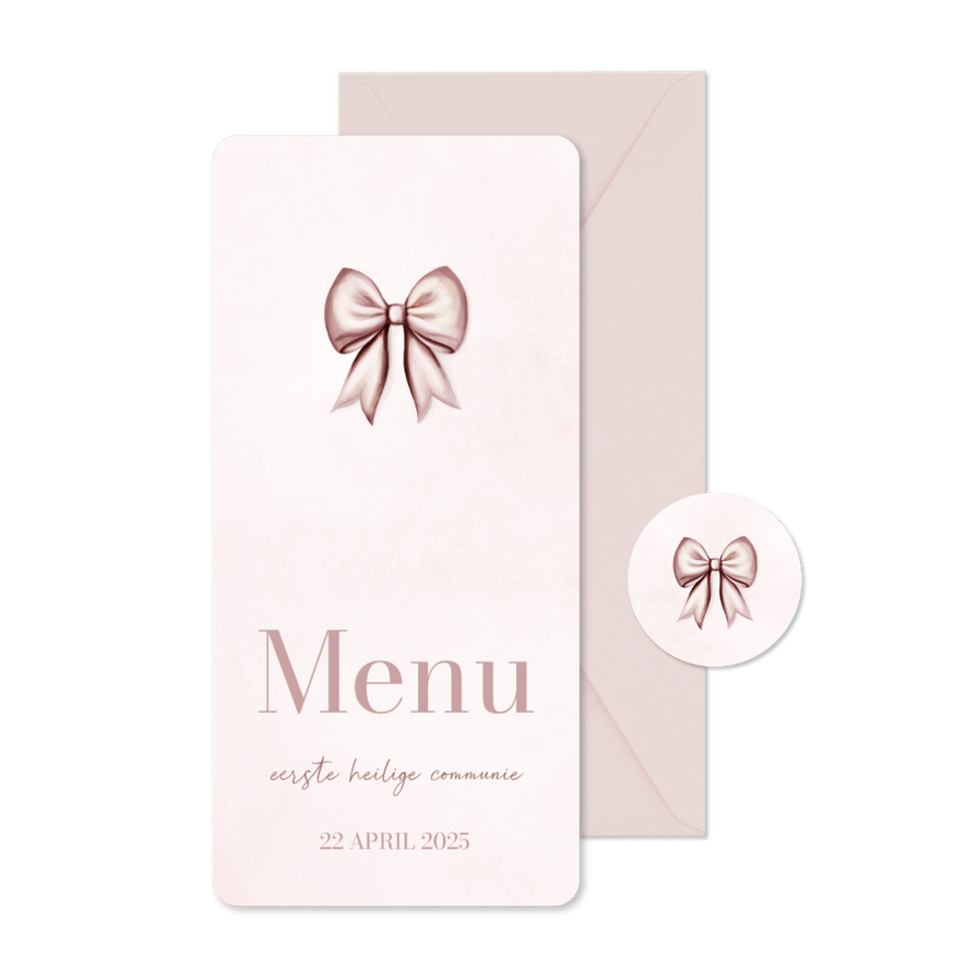 Menukaart communie lief met roze strik waterverf - Kaartimpressie