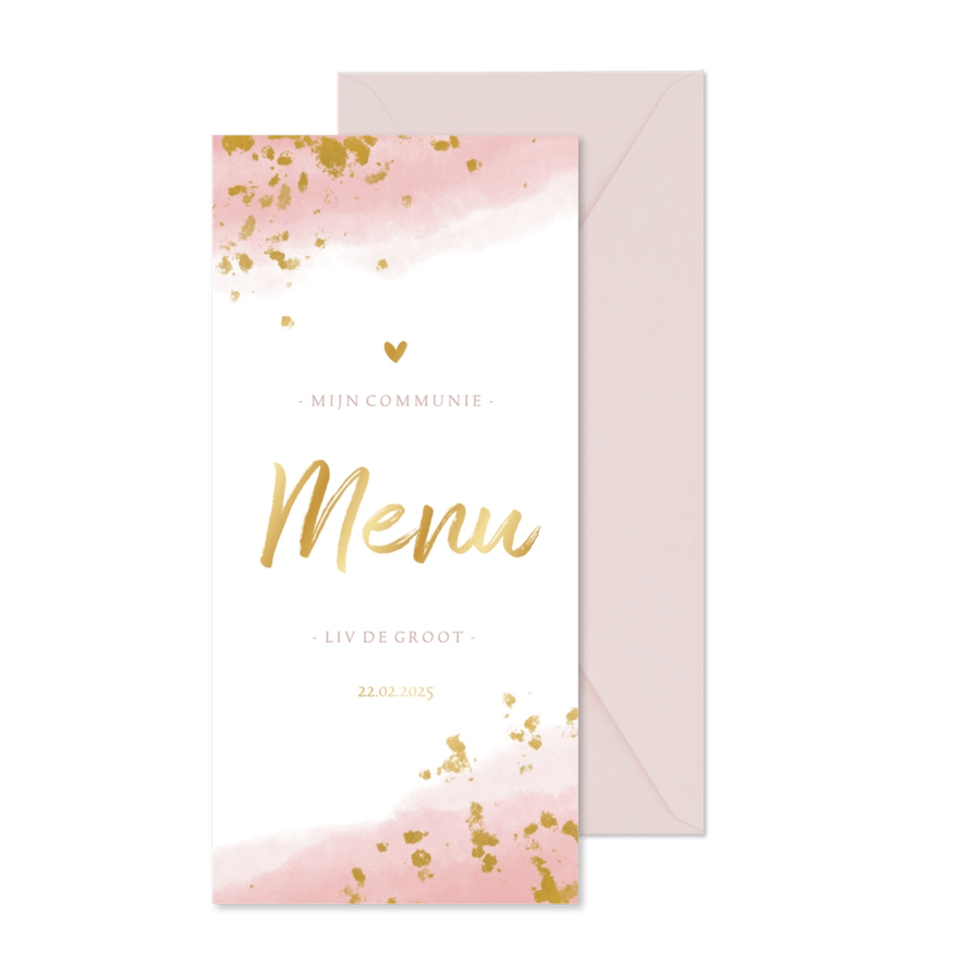 Menukaart communie meisje met waterverf en gouden spetters - Kaartimpressie