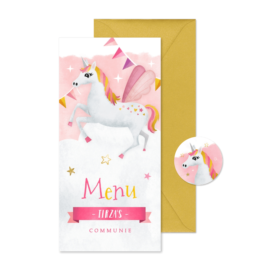 Menukaart communie meisje - roze met een eenhoorn - Kaartimpressie