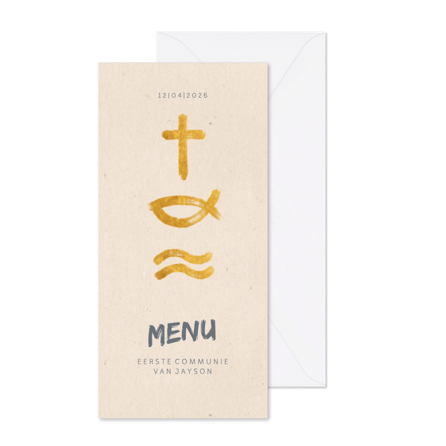 Menukaart communie met christelijke symbolen - Kaartimpressie