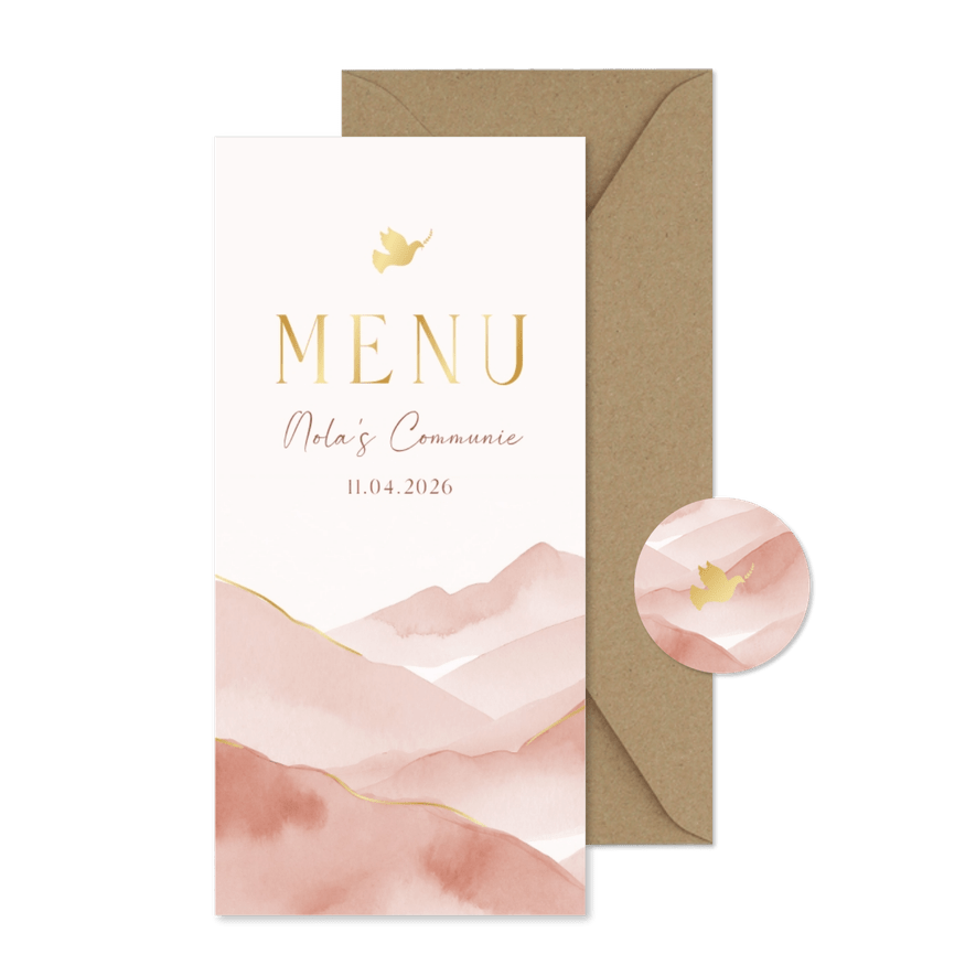 Menukaart communie met roze landschap en goud - Kaartimpressie