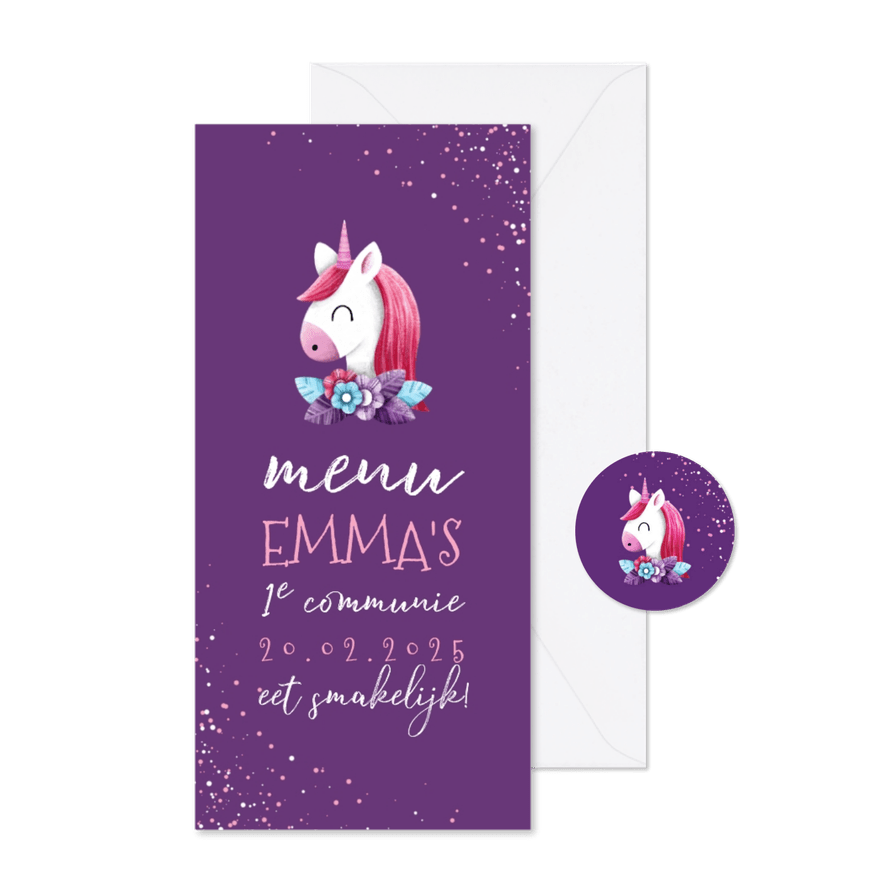 Menukaart communie met unicorn en confetti - Kaartimpressie
