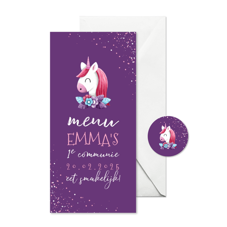 Menukaart communie met unicorn en confetti - Kaartimpressie