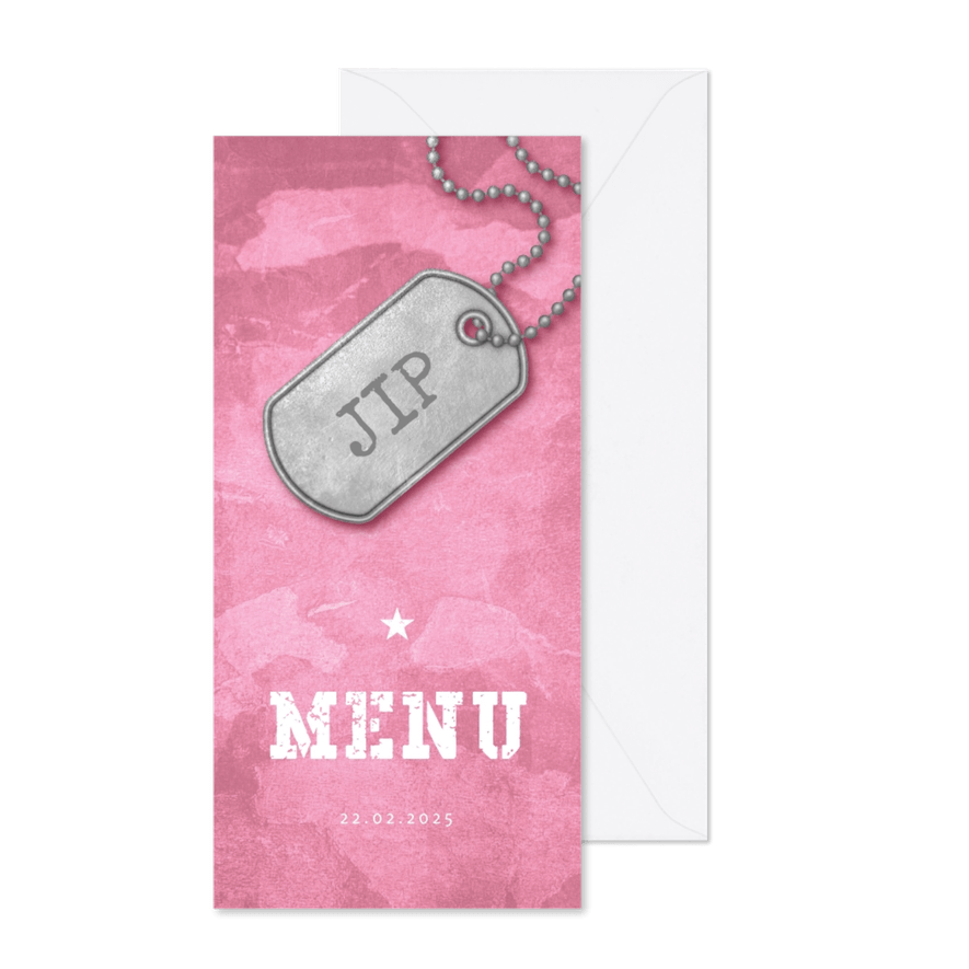 Menukaart communie roze stoer met foto en legerplaatje - Kaartimpressie