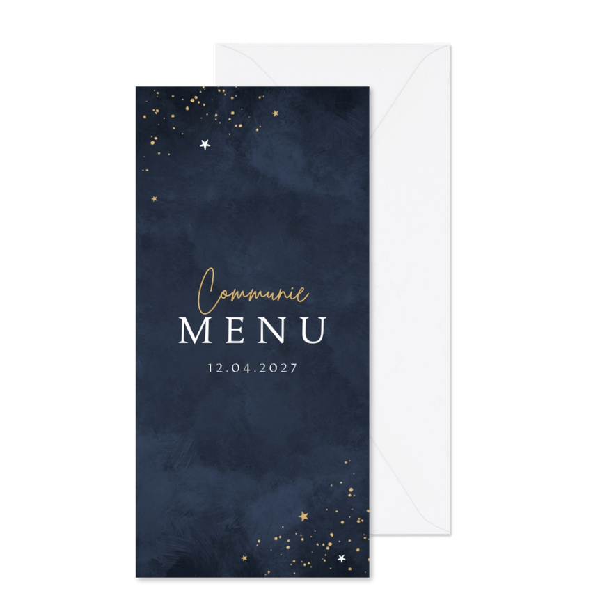 Menukaart communie sterretjes goud foto's verf blauw - Kaartimpressie