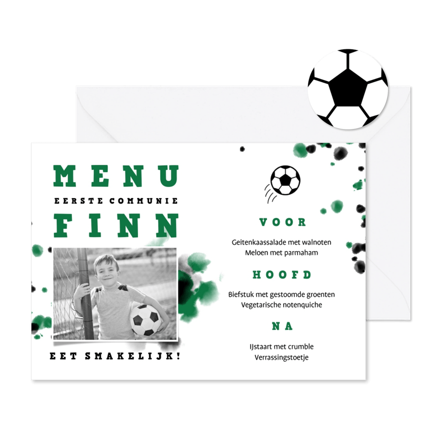 Menukaart communie voetbal met foto en spetters - Kaartimpressie