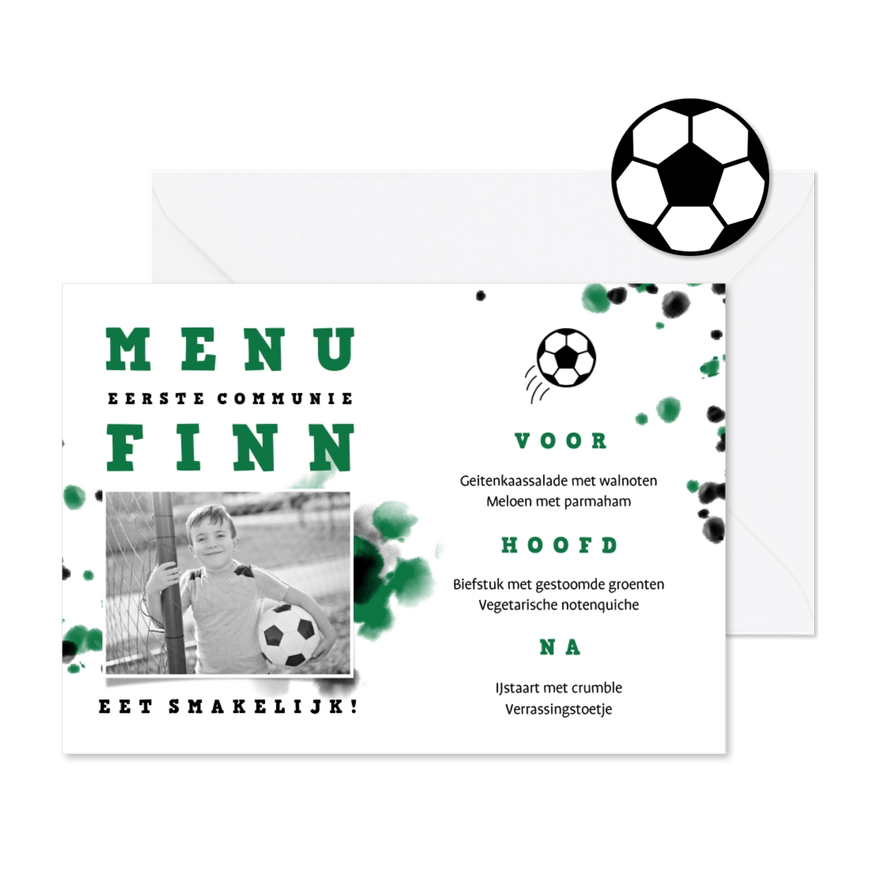 Menukaart communie voetbal met foto en spetters - Kaartimpressie