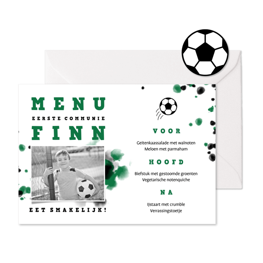 Menukaart communie voetbal met foto en spetters - Kaartimpressie