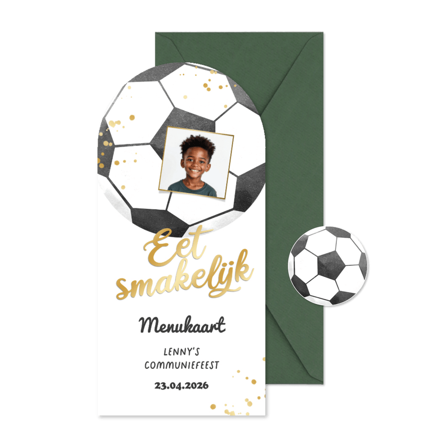 Menukaart communie voetbal thema foto goud snacks - Kaartimpressie