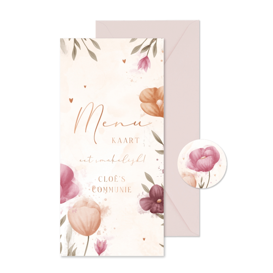 Menukaart communie waterverf bloemen met koperen hartjes - Kaartimpressie