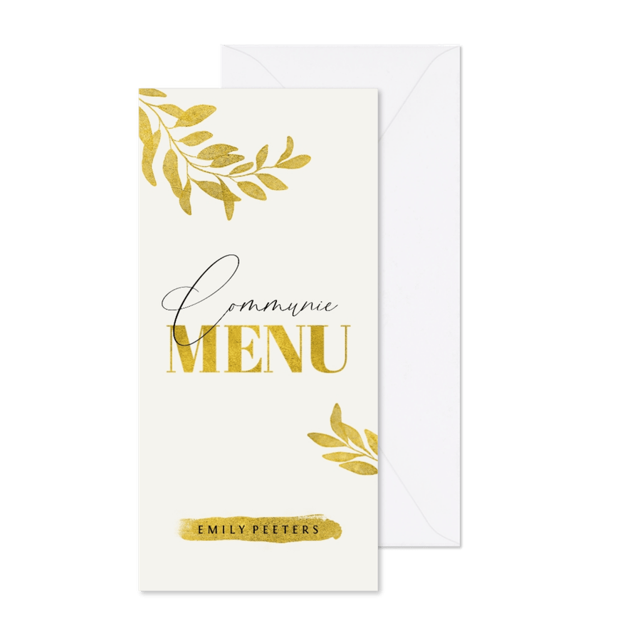 Menukaart communiefeest meisje goud bladeren verf - Kaartimpressie
