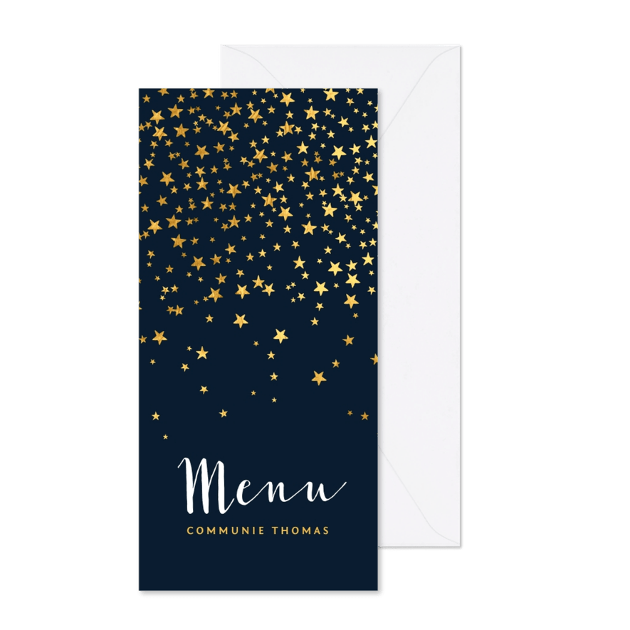 Menukaart communiefeest sterren goudlook blauw - Kaartimpressie