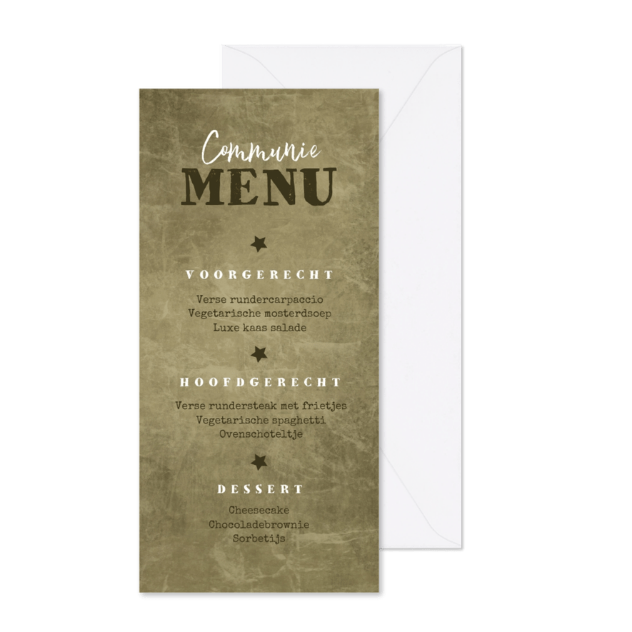 Menukaart communiefeest stoer groen sterren foto - Kaartimpressie