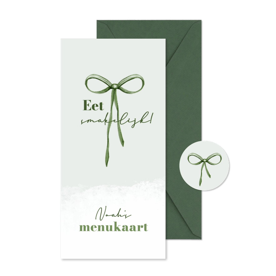 Menukaart communiefeest strikje groen unisex stijlvol - Kaartimpressie