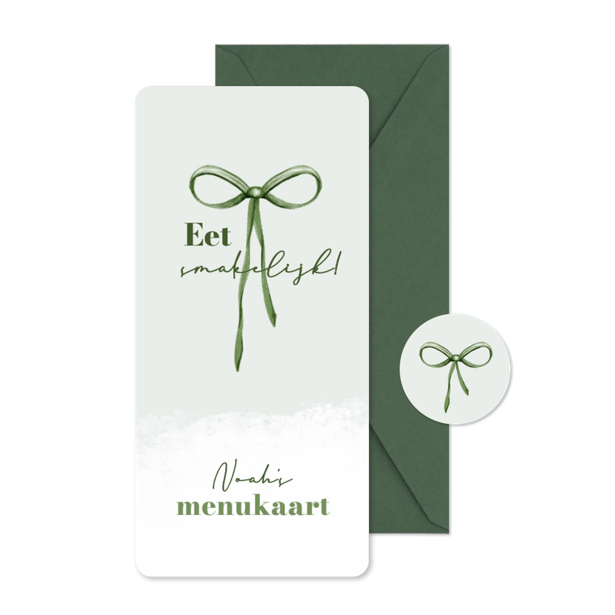 Menukaart communiefeest strikje groen unisex stijlvol - Kaartimpressie
