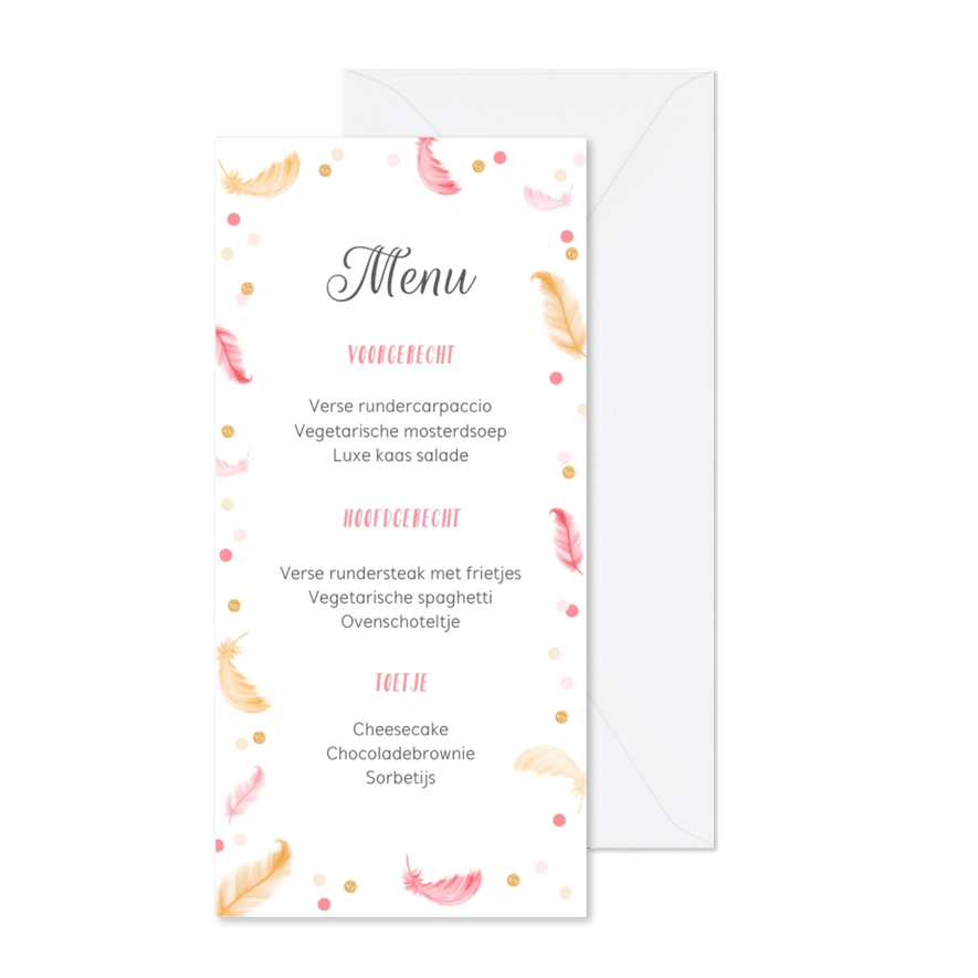 Menukaart communiefeest veertjes confetti foto - Kaartimpressie