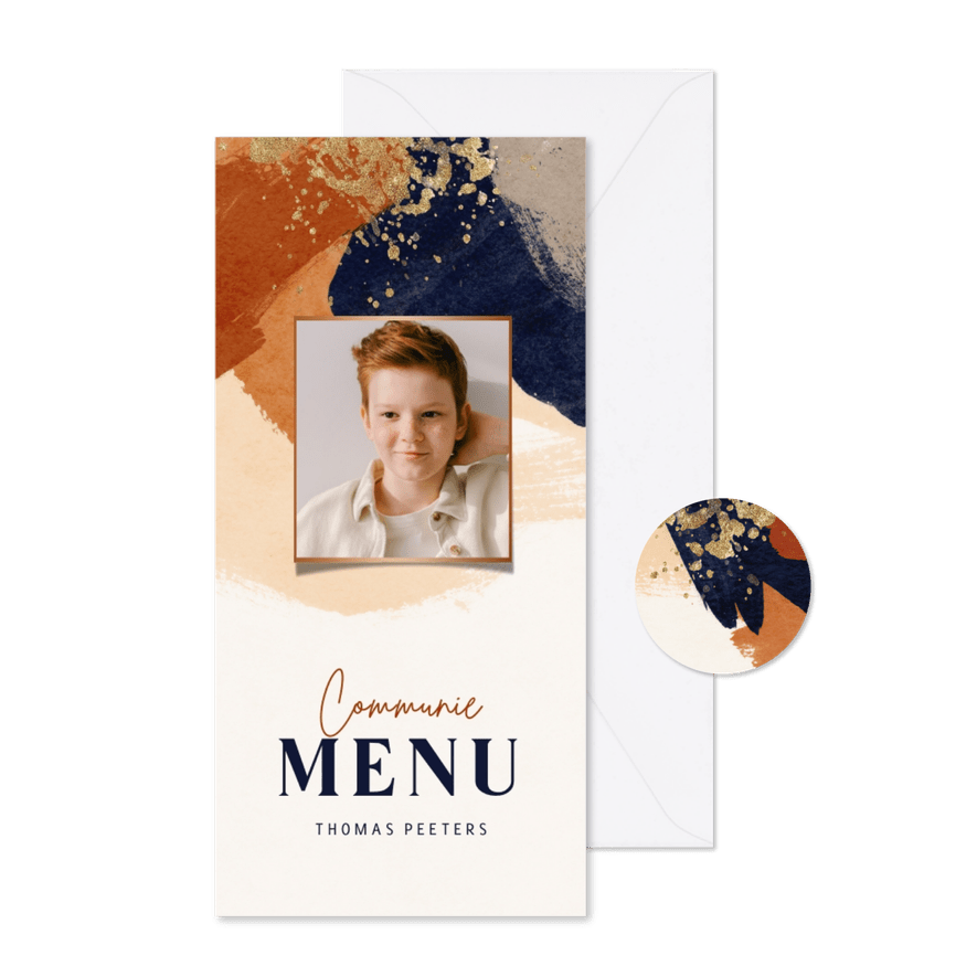Menukaart communiefeest verf terra cotta blauw goud - Kaartimpressie