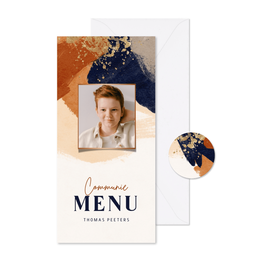 Menukaart communiefeest verf terra cotta blauw goud - Kaartimpressie