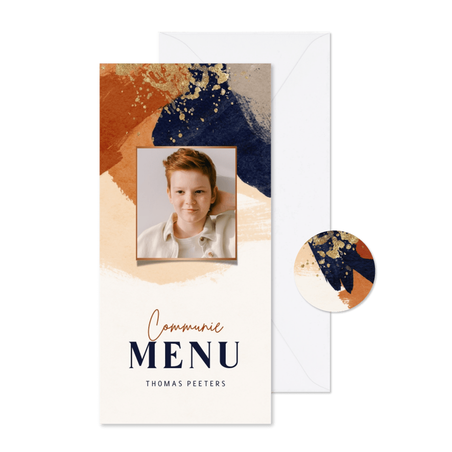 Menukaart communiefeest verf terra cotta blauw goud - Kaartimpressie
