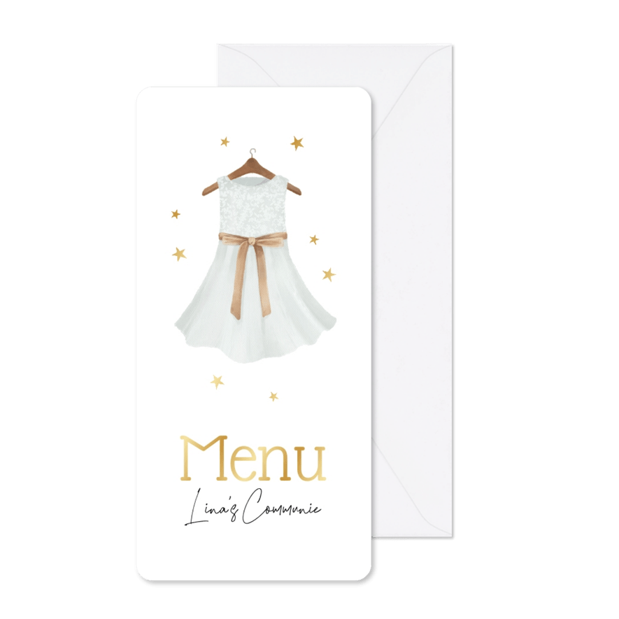 Menukaart communiejurk sterren goud vogel bloemen - Kaartimpressie