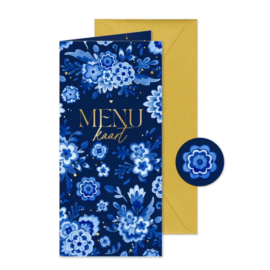 Menukaart Delfts blauw donker bloemen romantisch - Kaartimpressie