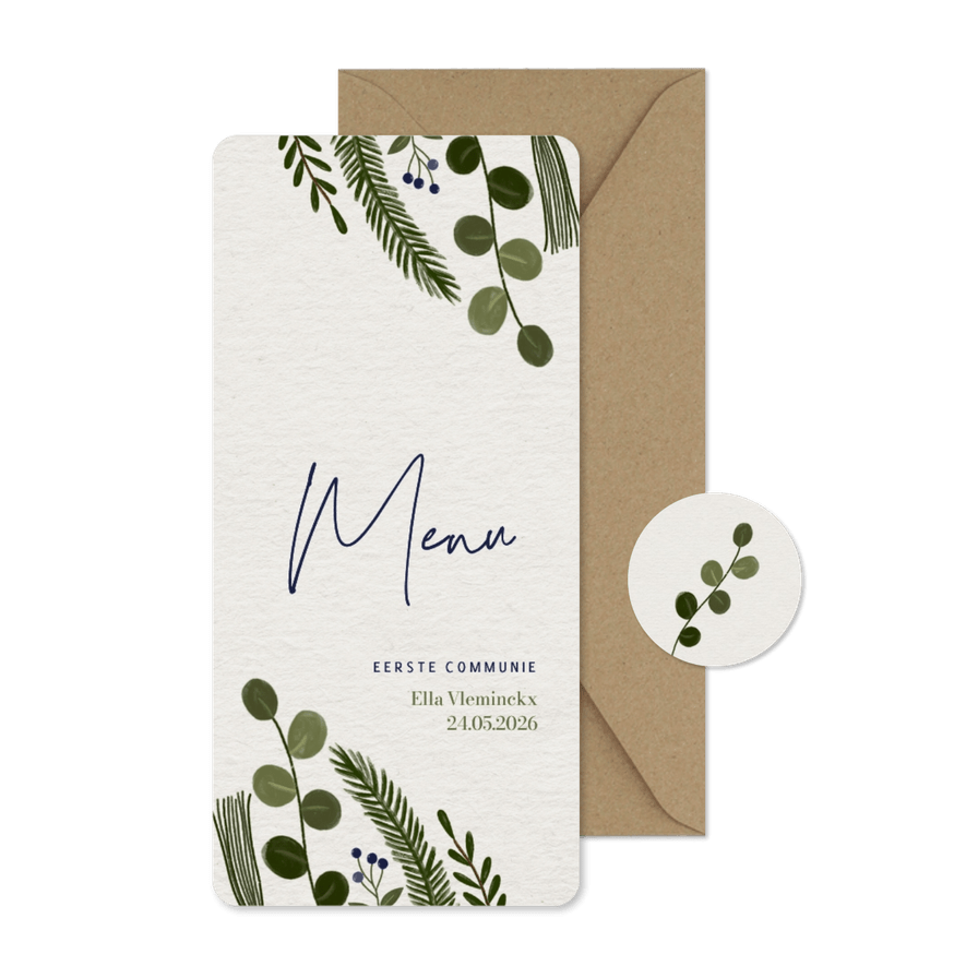 Menukaart eerste communie botanisch eucalyptus papierlook - Kaartimpressie