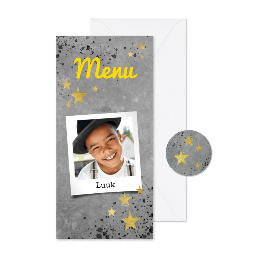 Menukaart eerste communie met beton, spetters en gouden ster - Kaartimpressie