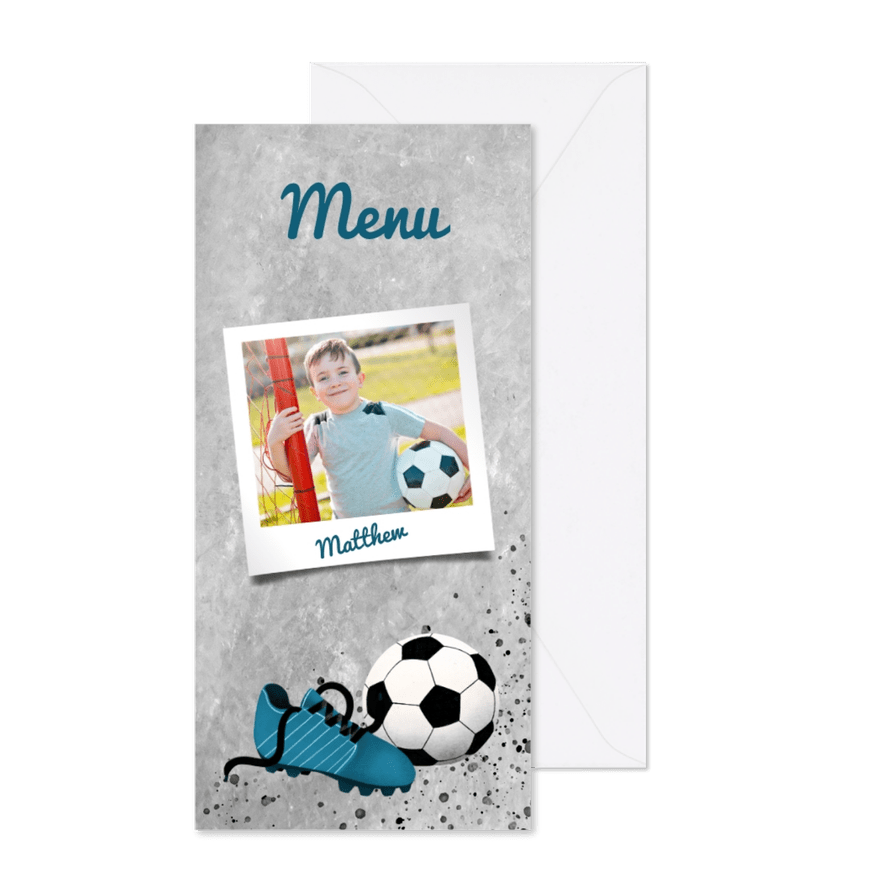 Menukaart eerste communie met voetbal, betonlook en foto - Kaartimpressie