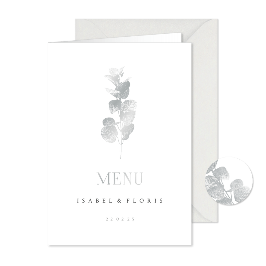 Menukaart eucalyptustak in zilver - Kaartimpressie