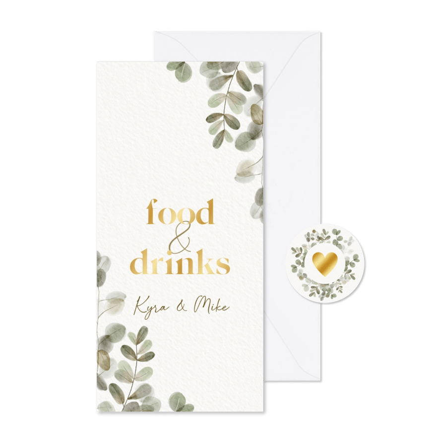 Menukaart eucalyptustakjes waterverf en goudfolie - Kaartimpressie