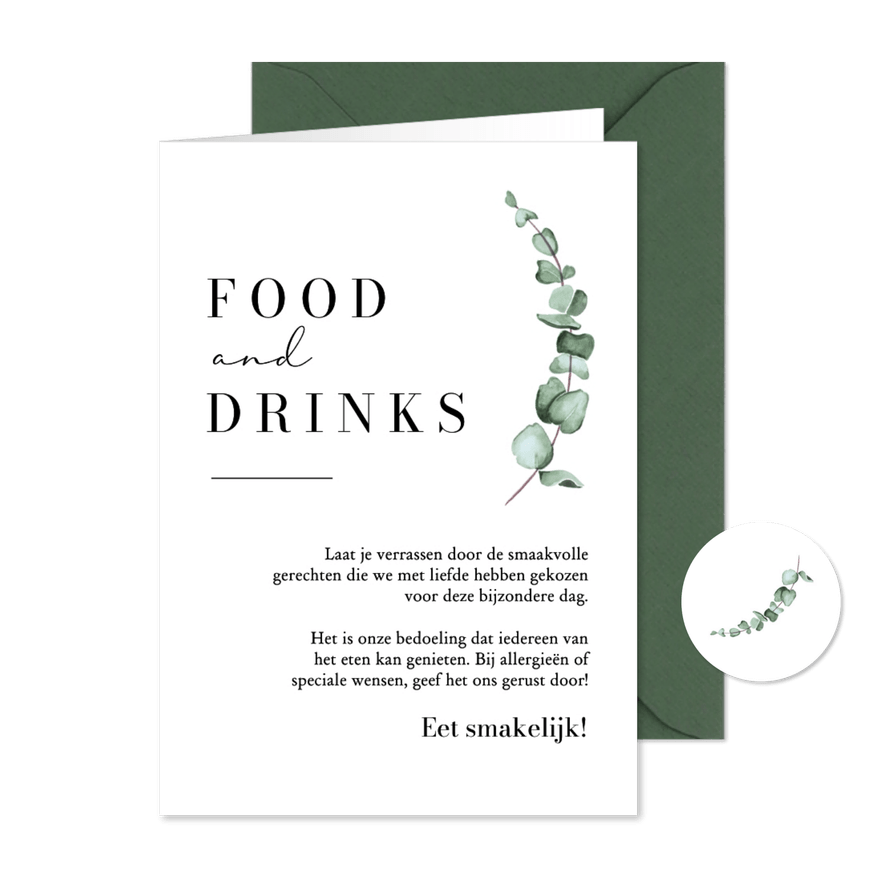 Menukaart food drinks stijlvol klassiek eucalyptus - Kaartimpressie