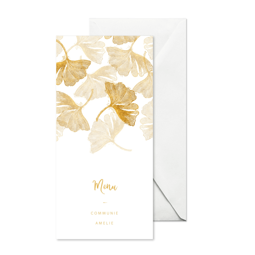 Menukaart ginkgoblad stempel communie - Kaartimpressie