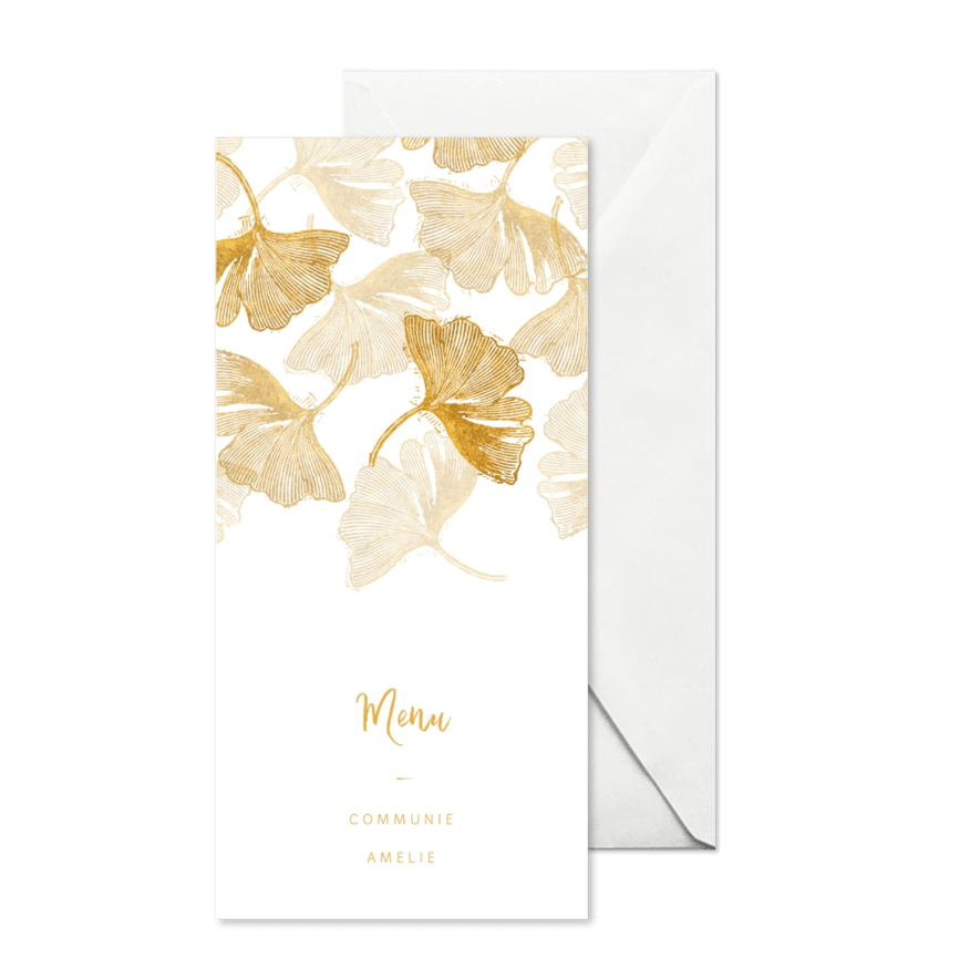  Menukaart ginkgoblad stempel communie  - Kaartimpressie