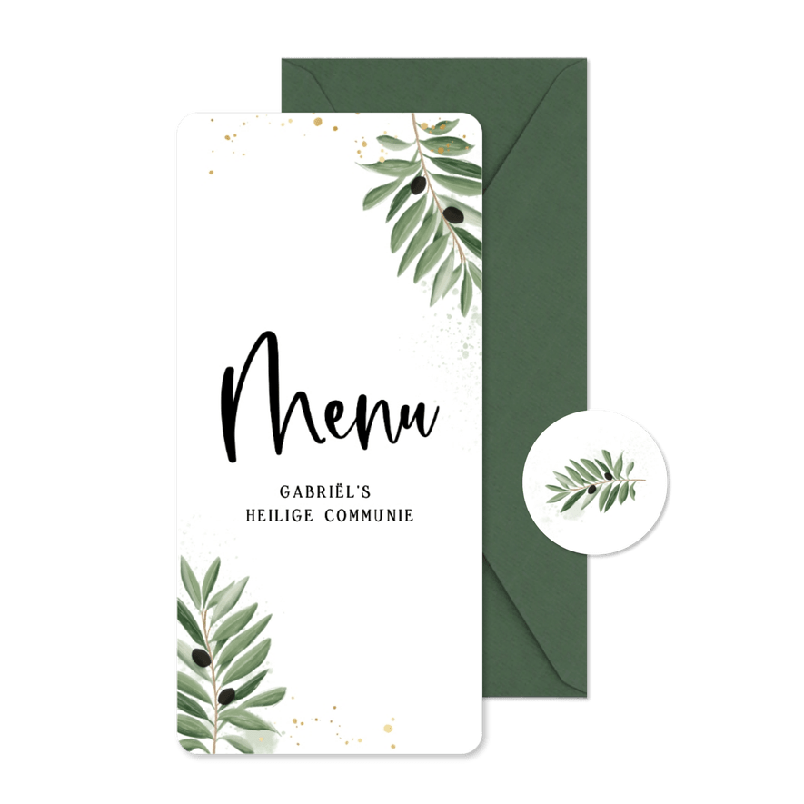 Menukaart goud olijftakjes communie - Kaartimpressie