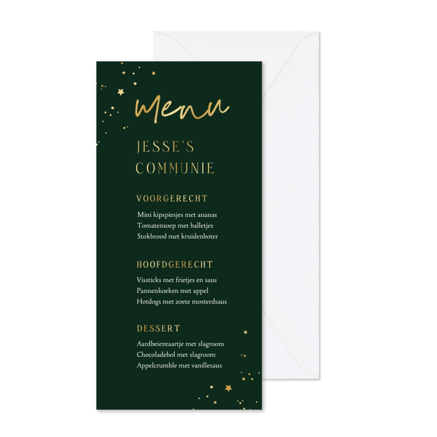Menukaart goud sterren communie groen foto - Kaartimpressie