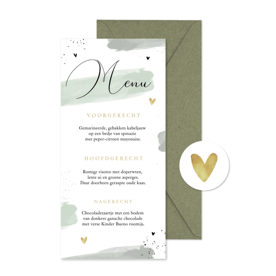 Menukaart groen verf hartjes trouwen mr mrs - Kaartimpressie