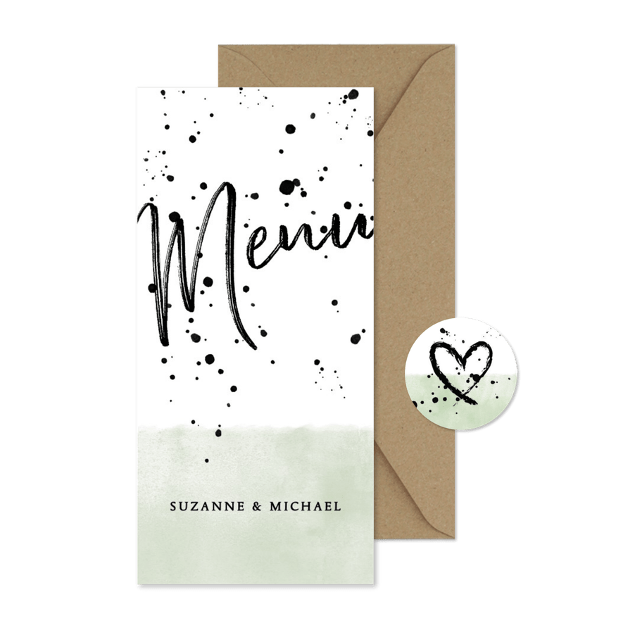 Menukaart groene waterverf, typografie en spetters - Kaartimpressie
