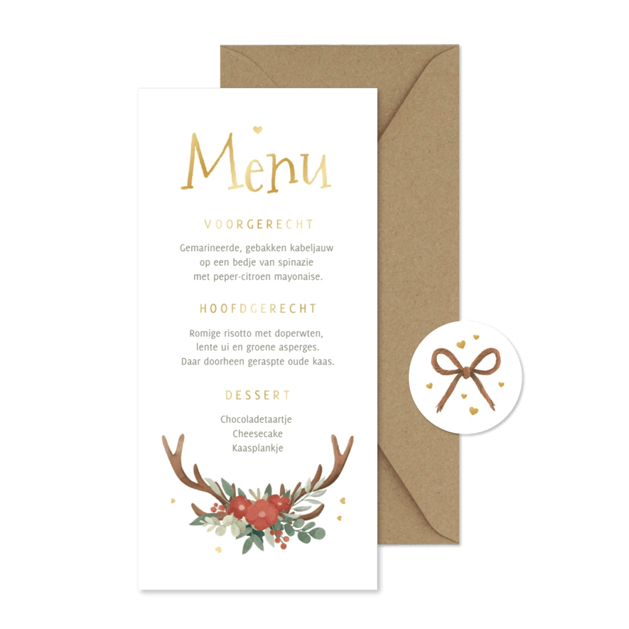 Menukaart hertengewei bloemen hartjes goud hout illustratie - Kaartimpressie