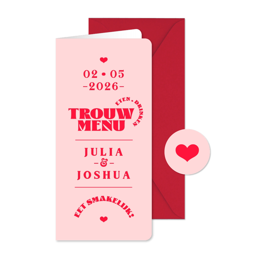 Menukaart hip modern grafisch roze rood hartje romantisch - Kaartimpressie