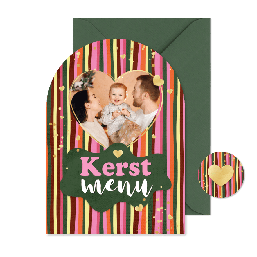 Menukaart hip streepjes kerst diner hartjes goud - Kaartimpressie