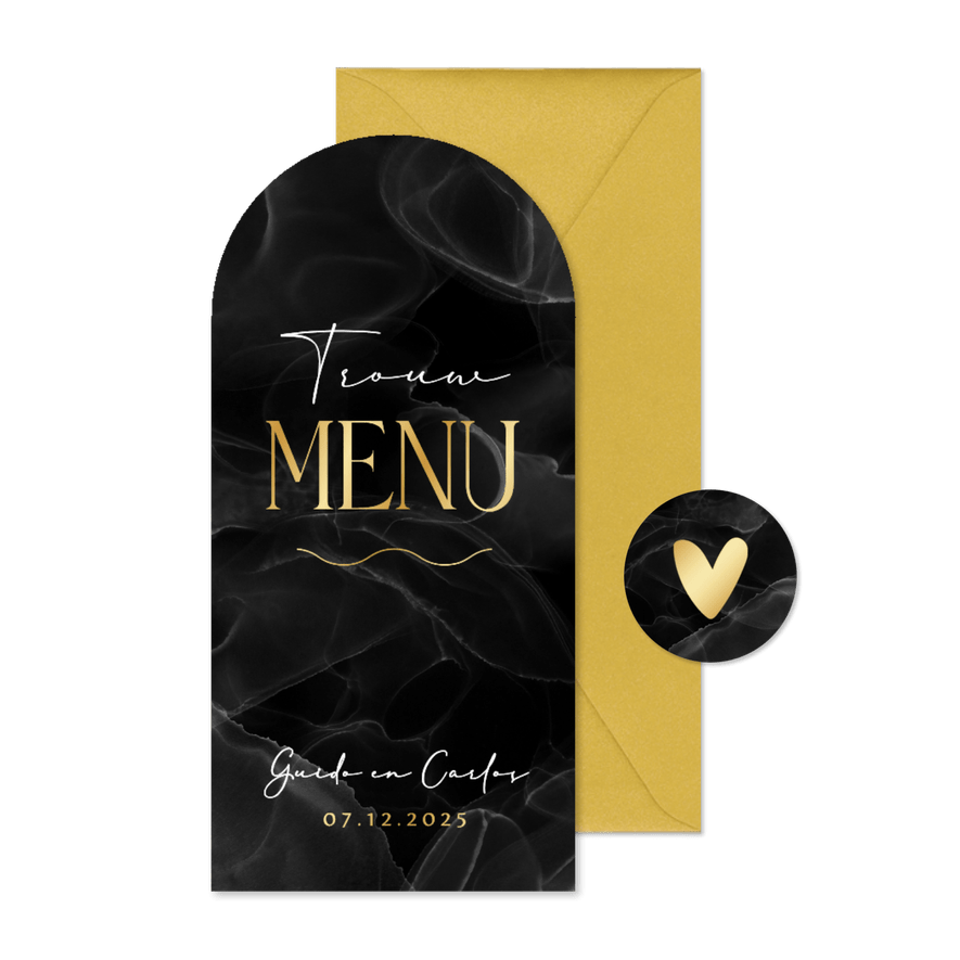 Menukaart hoge boogkaart trouwen stijlvol marmer zwart boog - Kaartimpressie