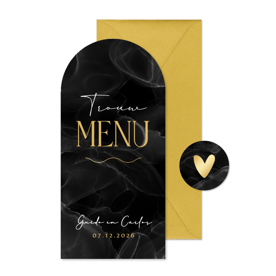 Menukaart hoge boogkaart trouwen stijlvol marmer zwart boog - Kaartimpressie