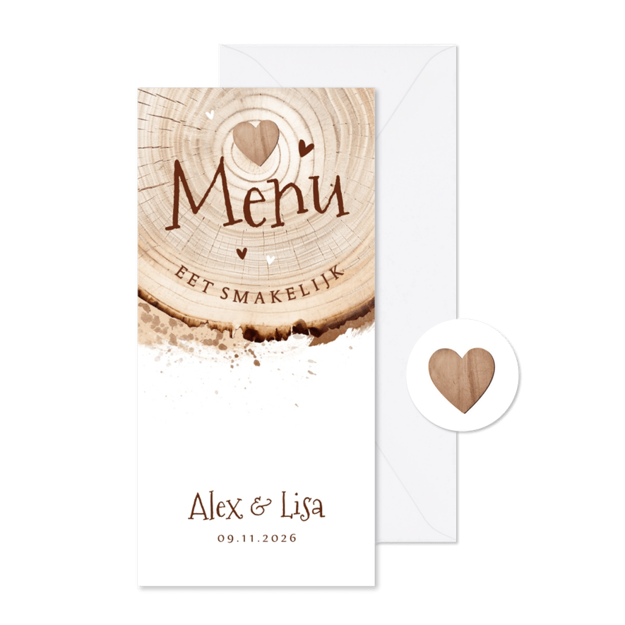 Menukaart houtlook boomstam doorsnede hartjes hout - Kaartimpressie