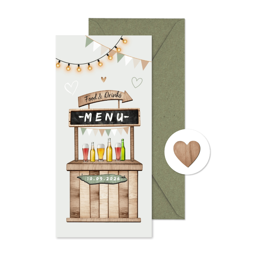 Menukaart houtlook festival style wegwijzers hartjes - Kaartimpressie